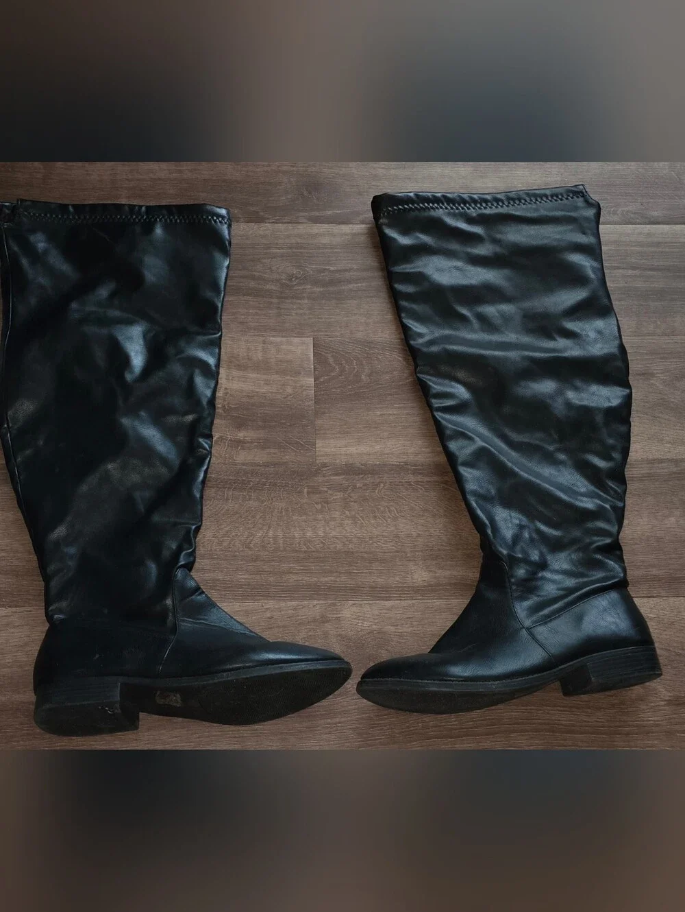 Black Faux Leather Knee High Boots Size 11W Wide Calf Flat Riding Boots